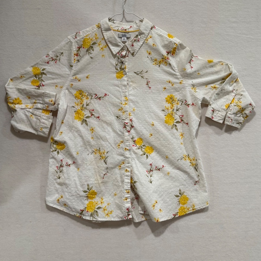 XXL White Yellow Floral 100% Cotton Button Down Shirt Grandma Core Lightweight